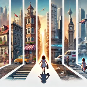 DALL·E 2024 07 09 11.30.33 A cover image divided into several sections each illustrating a scene of a little girl walking through various cities and exploring. In the first sec