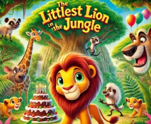 DALL·E 2024 07 09 10.23.49 A vibrant jungle scene with tall trees lush greenery and colorful flowers. In the center Leo the littlest lion is standing confidently with a fri e1720513547801